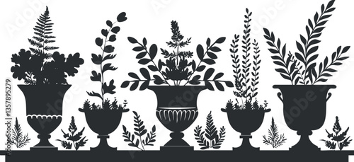 Silhouette of decorative plants in urns with a vintage botanical design.