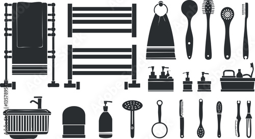 Silhouettes of bathroom accessories including towels, toothbrushes, and soap dispensers.