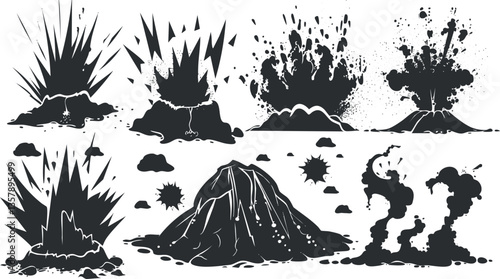 Collection of explosive illustrations featuring volcano eruptions and blasts.