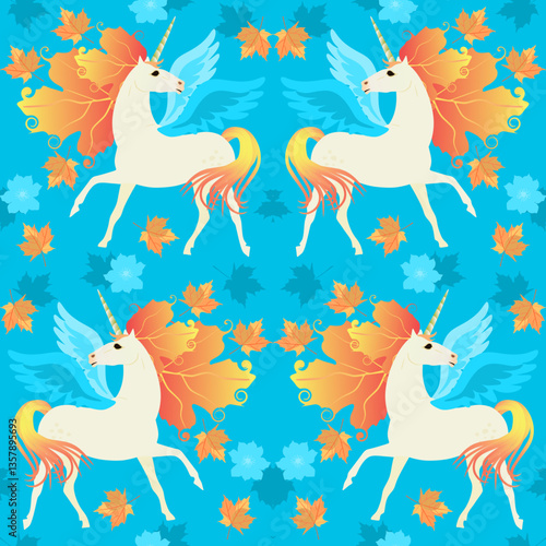 Winged unicorns with blue wings and mane of golden autumn leaves on sky blue ...