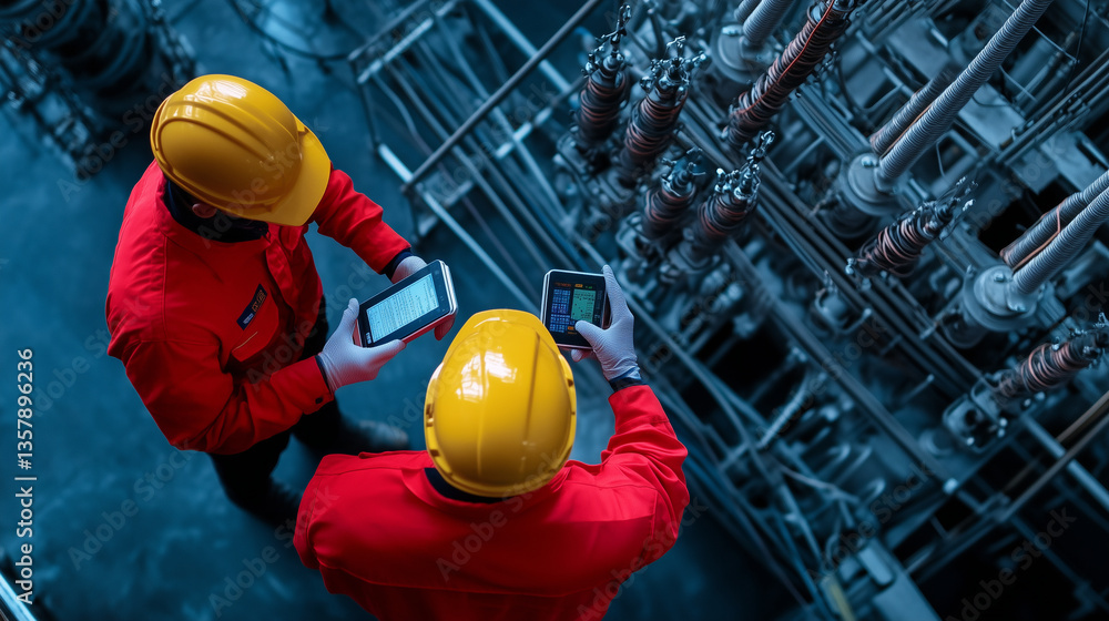 High-angle view of maintenance crews checking thermal expansion joints on a power transformer, using handheld devices and rugged multimeters, surrounded by steel towers and dense c High-angle view of maintenance crews checking thermal expansion joints on a power transformer, using handheld devices and rugged multimeters, surrounded by steel towers and dense c