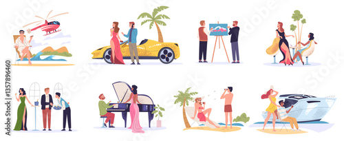 Rich people life. Luxury lifestyle, wealthy man woman with expensive yacht or car millionaire billionaire characters secular society successful business, classy vector illustration