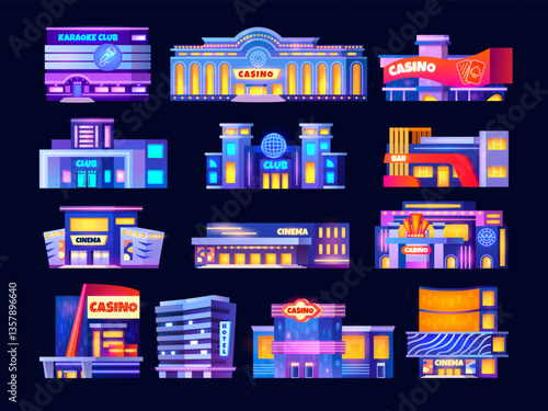Casino buildings. Night entertainment building neon facade, karaoke club entrance hotel commercial center travel vegas city landmark poker cinema houses, swanky vector illustration