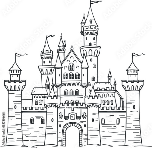 Outline illustration of a medieval castle with multiple towers and battlements.