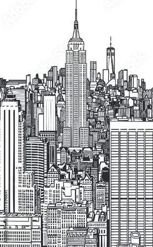 Black and white illustration of a detailed urban cityscape skyline.