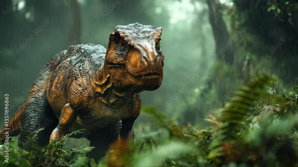 A dinosaur stands in the middle of a lush green forest with heavy rain falling.  Smooth repeating motion for background video animation