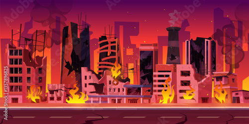Burn city. Fire street burning buildings with smoke, war zone destroy apocalipse accident cartoon game background damage houses terror attack collapse, swanky vector illustration