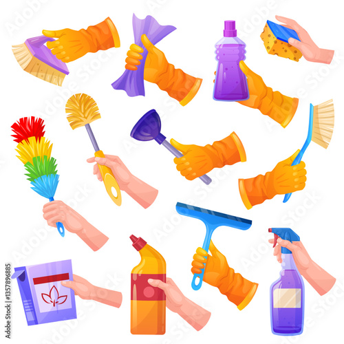 Hands holding cleaning tools. Hand in gloves hold detergent supplies for clean surface, scrub brush squeeze sponge window wiper spray cloth or duster rag, tidy vector illustration