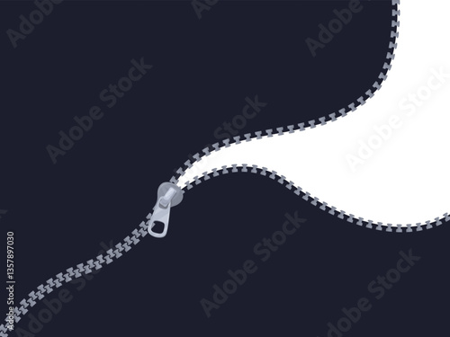 Unzip background. Open zip lock pulling zipper clothing connection material, opened fastener textile pocket clasp with teeth tailor sewing apparel concept vector illustration