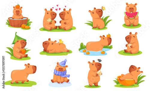 Cartoon capybara. Kawaii capibara funny animal characters, cute capybaras mascot baby bear fun in zoo onsen adorable animals kids stickers childish set, neat vector illustration