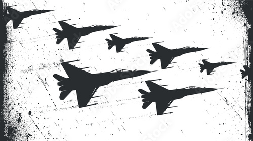Silhouette of fighter jets flying in formation against white background.