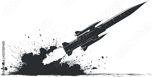 Black and white illustration of a rocket launching with smoke and splashes.