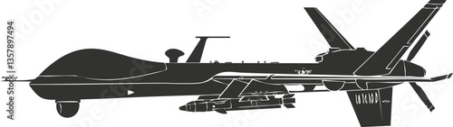 Silhouette of a military drone aircraft with weaponry and equipment.