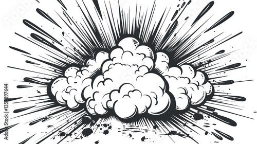 Black and white comic explosion illustration with dynamic cloud burst.