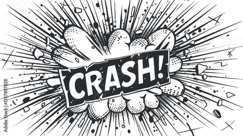 Black and white comic-style explosion with 'crash' text in the center.