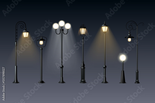 Realistic lampposts. Outdoor streetlamp, vintage antique lamppost or modern streetlight for night city park street light decoration lamp pole lantern, set exact vector illustration