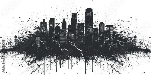 Abstract black and white cityscape silhouette with ink splatter design.