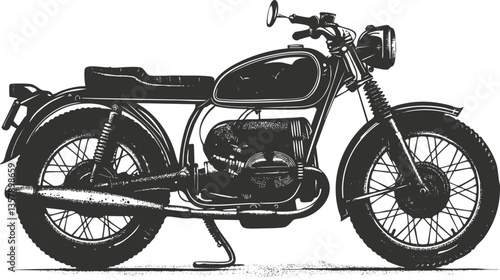 Vintage motorcycle illustration in black and white, showcasing classic design.
