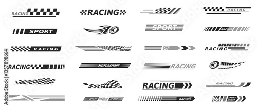 Racing car bars. Speed race arrow line motor sport cars side decal stickers, auto truck motosport stripes design black decals rally track borders set, classy vector illustration