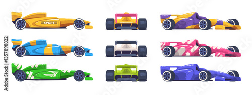 Cartoon formula cars. F1 racing car front side view, racecar design motor sport auto race for racer speed road track pilot retro vehicle turbo motor set, classy vector illustration
