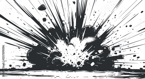 Black and white abstract explosion graphic with dynamic lines and shapes.