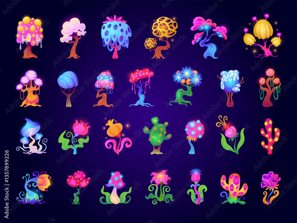 Fototapeta premium Cartoon magic trees. Fantasy alien forest psychedelic tree luminous mushroom, fairy tale plant mysterious unusual flowers violet plants fantastic game, swanky vector illustration