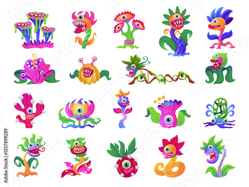 Monster plants. Carnivore fantasy flower with scary teeth, carnivorous plant alien exotic toxic flowers fly trap halloween game monsters set, cartoon swanky vector illustration