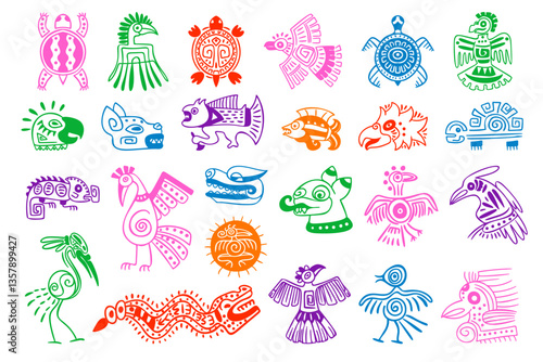 Maya animal symbols. Mayan aztec inca mythology animals totem hieroglyphs, ancient peru indian tribal tattoo ethnic mexican culture sign eagle bird, swanky vector illustration