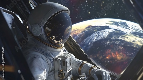Fototapeta Naklejka Na Ścianę i Meble -  Astronaut inside a transparent spacecraft window gazing at Earth on a vivid deep space backdrop