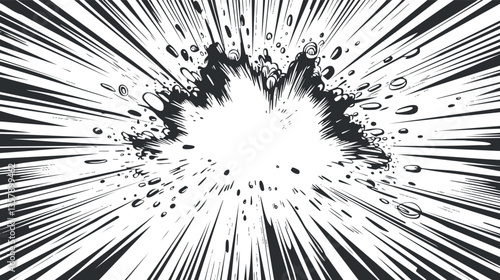 Dynamic black and white comic-style explosion illustration with energetic lines.