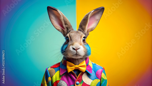 Creative animal concept.  bunny in funky Wacky wild mismatch colourful outfit on bright background advertisement, copy space. easter party invite invitation banner