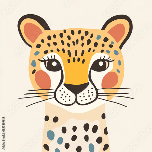 The face of a cute cheetah with colorful stripes, a minimalist and simple design, a flat vector illustration and pastel colors.