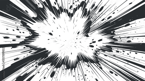 Dynamic black and white explosion illustration with dramatic impact lines.