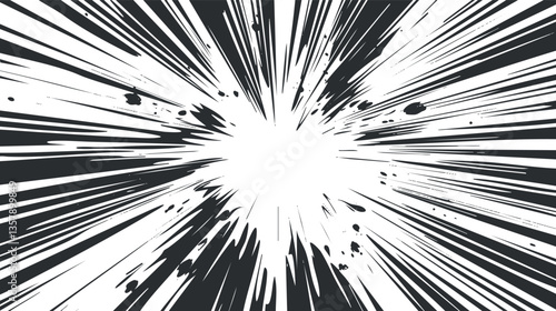 Dynamic black and white explosion burst with comic book style lines.