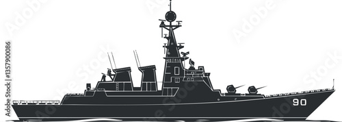 Silhouette of a navy warship destroyer on the ocean.
