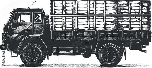 Illustration of a cargo truck side view in black and white.