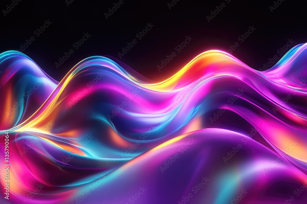Naklejka premium Abstract fluid 3D render with a black background and holographic, iridescent neon curved wave in motion. Abstract fluid iridescent holographic curved wave in motion colorful gradient. MZ 