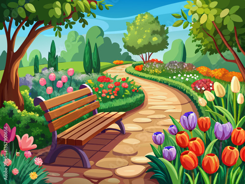 vector of  A wooden bench sits by a gravel pathway in a garden with vibrant tulips in bloom.