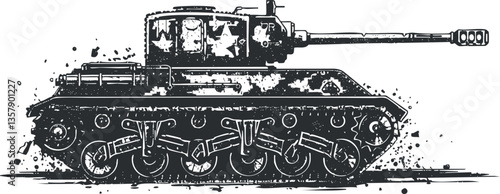Black and white ink illustration of a military tank in detailed design.