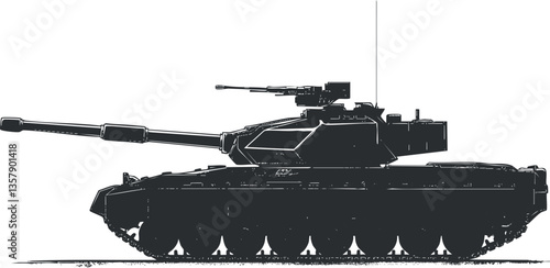 Silhouette of a military tank illustration on a white background.