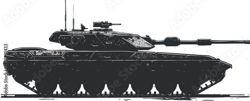 Illustration of a modern military tank in black and white silhouette.