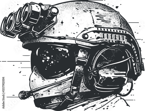 Monochrome illustration of a tactical soldier helmet with night vision goggles.