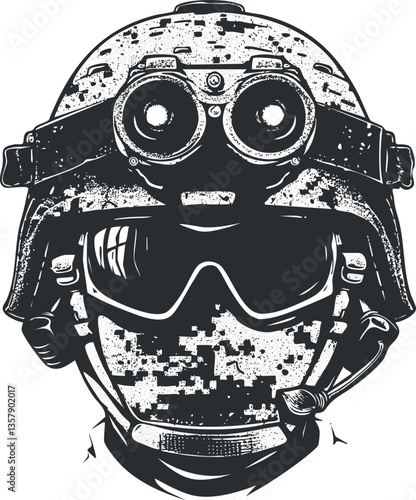 Illustration of a tactical military helmet with night vision goggles.