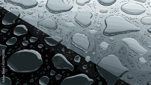 An artistic close-up image showcasing a collection of shiny water droplets on a dark surface, creating an atmospheric and textured effect.