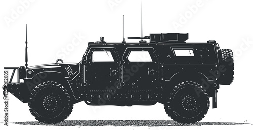 Silhouette of a military armored vehicle with antennae and rugged design.