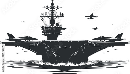 Silhouette of a military aircraft carrier with jets taking off.