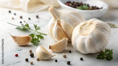 Fresh Garlic Bulbs and Cloves – Aromatic Kitchen Ingredient with Herbs and Peppercorns on a White Background