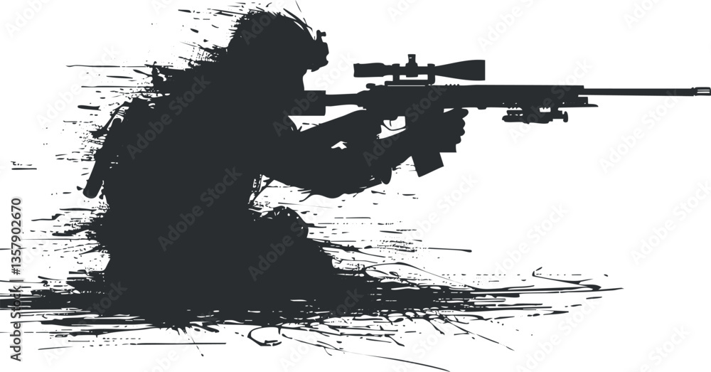 Silhouette of a sniper with a rifle in a tactical position. Silhouette of a sniper with a rifle in a tactical position.