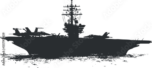 Silhouette of a military aircraft carrier with jets on deck.