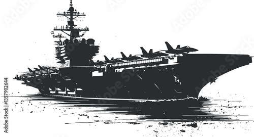 Silhouette illustration of an aircraft carrier on the ocean.